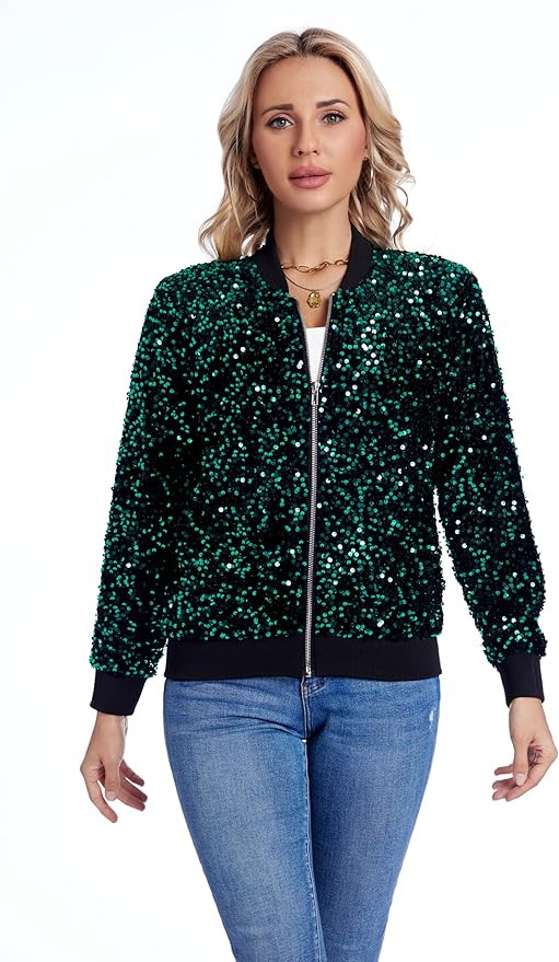 Women's Sequin Jacket Long Sleeve Blazer Glitter Front Zip With Pockets Casual Sparkly Party Velv... | Amazon (US)