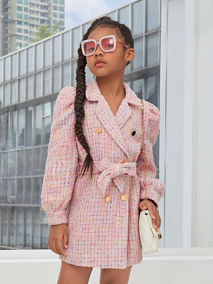 SHEIN Girls Plaid Tweed Puff Sleeve Double Breasted Belted Overcoat | SHEIN