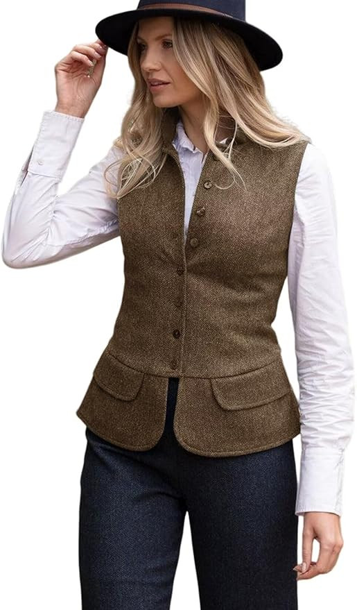 Women's Herringbone Tweed Vest Dressy Waistcoat Sleeveless Jacket | Amazon (US)