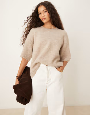 Gina Tricot relaxed fit knitted wool alpaca short sleeve top in beige | ASOS | ASOS (Global)