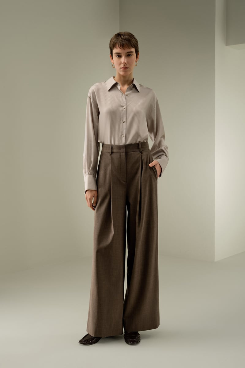 LILYSILK Women's Silk-Wool Blend Wide-Leg Trousers, Havana, Size 2 | LILYSILK