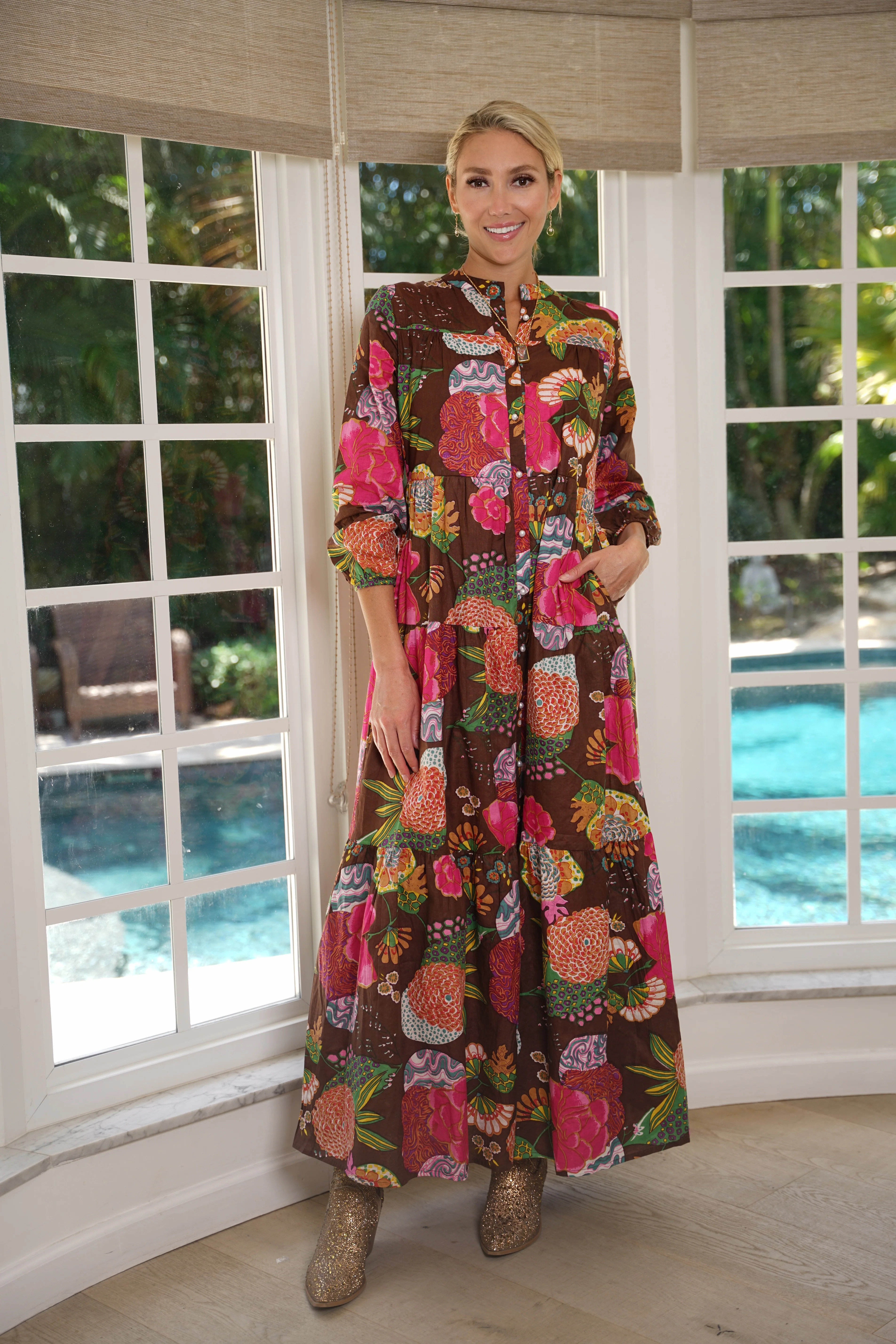Boho Long Dress Floral Cocoa Brown | Just Darviny