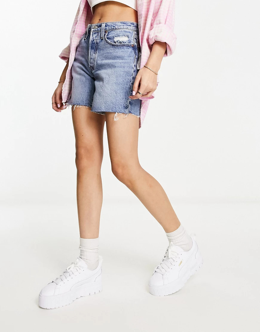 Levi's 501 original mid thigh shorts in mid wash blue | ASOS (Global)
