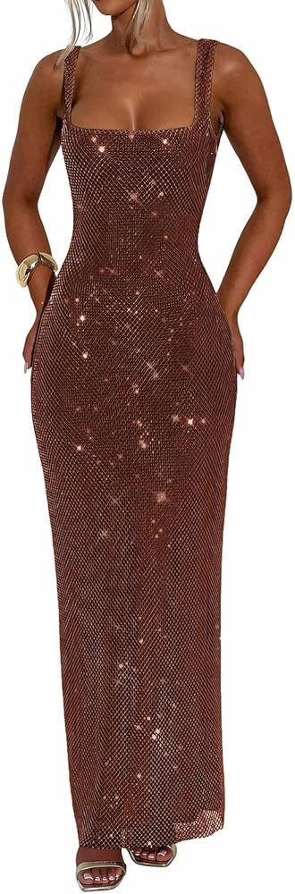 Sexy Sparkly Sequin Prom Dress Square Neck Bodycon Formal Party Club Gown Tube Maxi Evening Dress | Amazon (US)