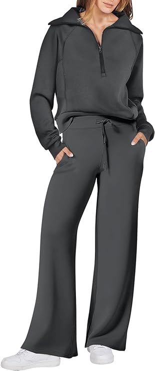 Caracilia Women Two Piece Outfits Sweatsuit Set Quarter Zip Oversized Sweatshirt Wide Leg Sweatpa... | Amazon (US)