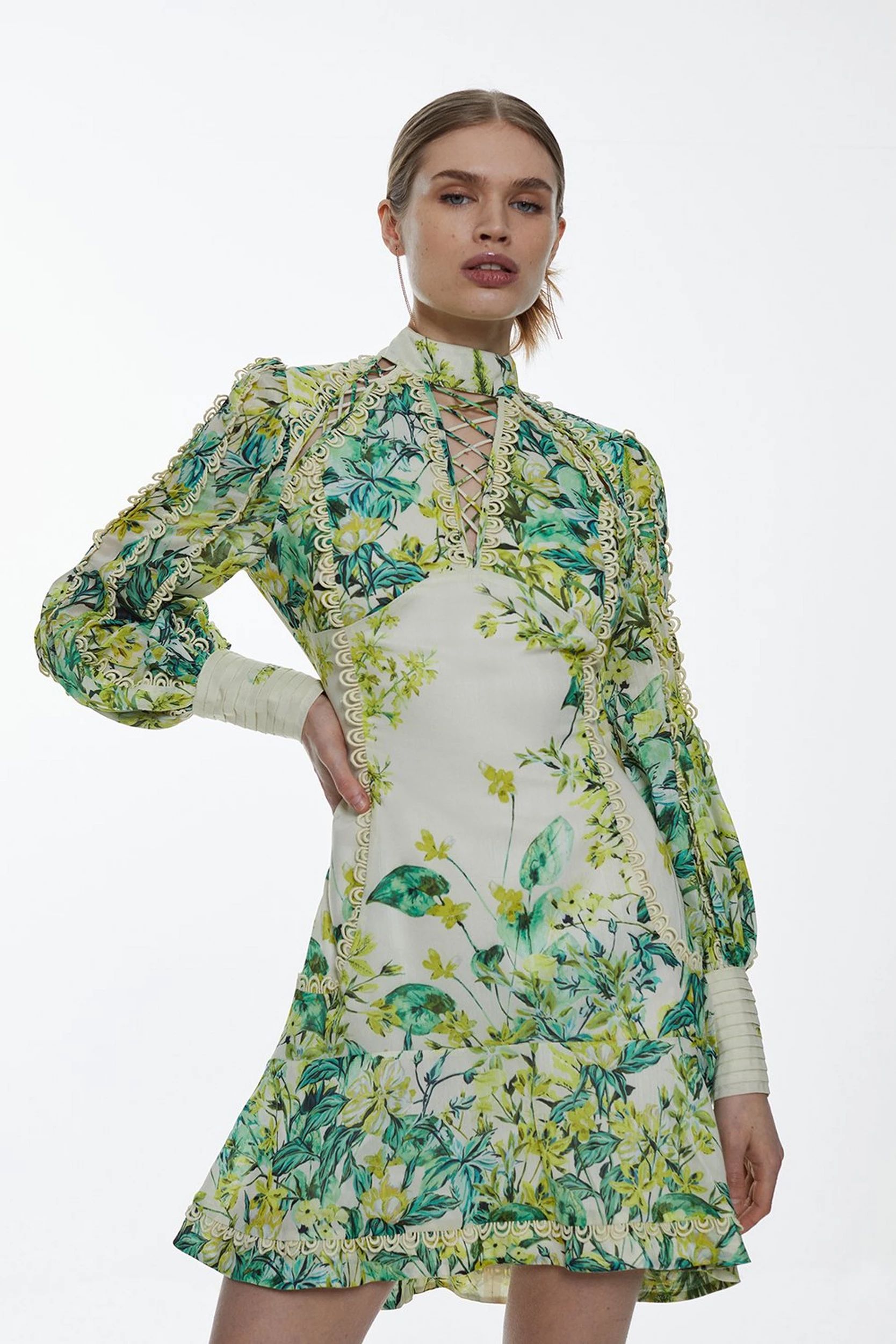 Trailing Floral Woven High Neck Mini Dress | Karen Millen US