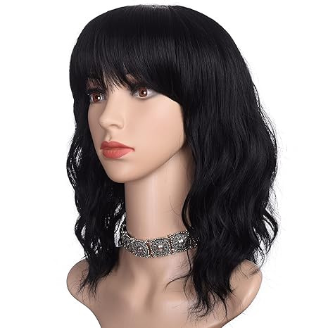 morvally Short Black Wavy Bob Wig with Bangs for Women 16 Inches Natural Synthetic Hair Wavy Wigs | Amazon (US)