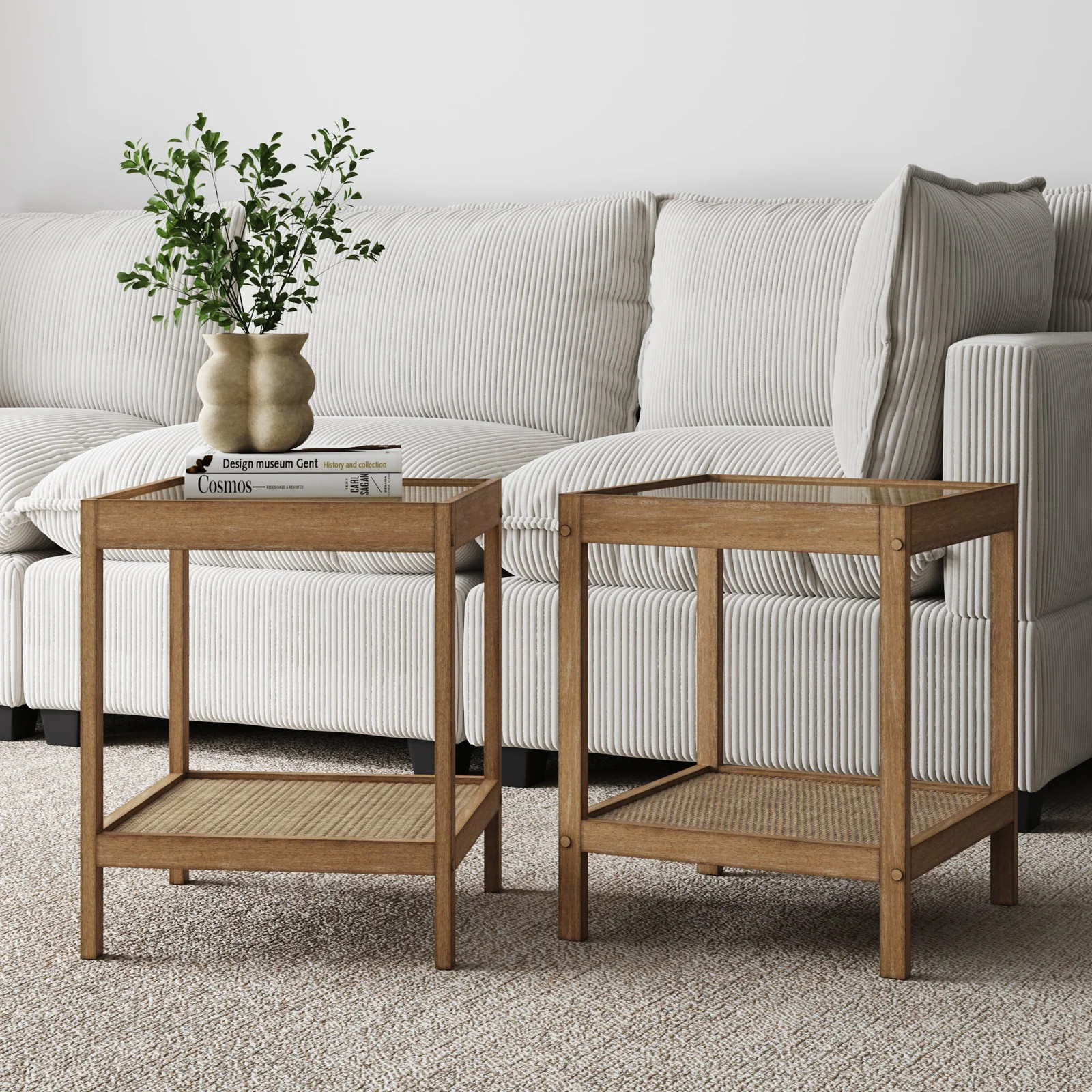 Solid Wood Rattan & Glass End Table Set of 2 | Nathan James