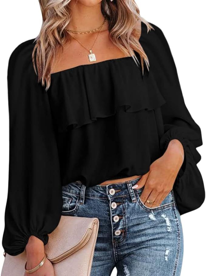 Koodred Women's Lantern Sleeve Blouses Square Neck Ruffle Hem Tops Loose Long Sleeve Shirt Tops | Amazon (US)