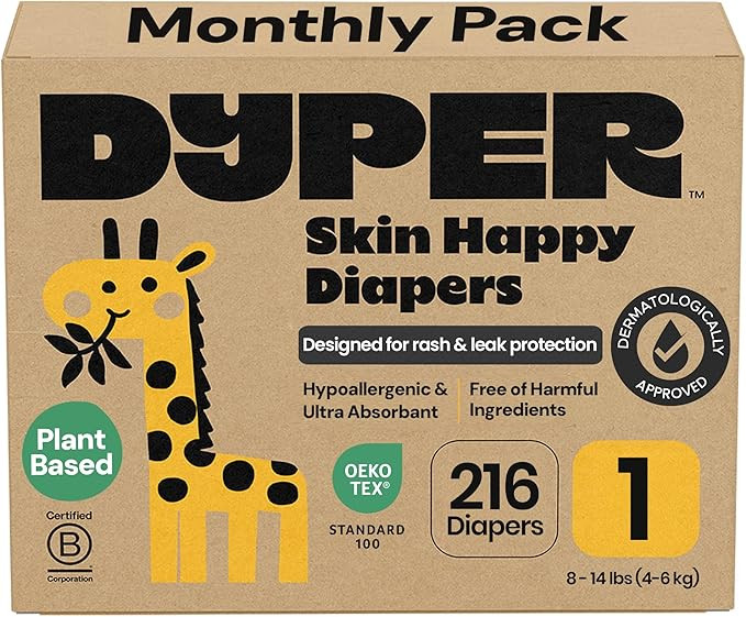 DYPER Monthly Pack Baby Diapers Size 1 (216 Count) - Leak-Proof & Plant Based, Hypoallergenic, Fr... | Amazon (US)