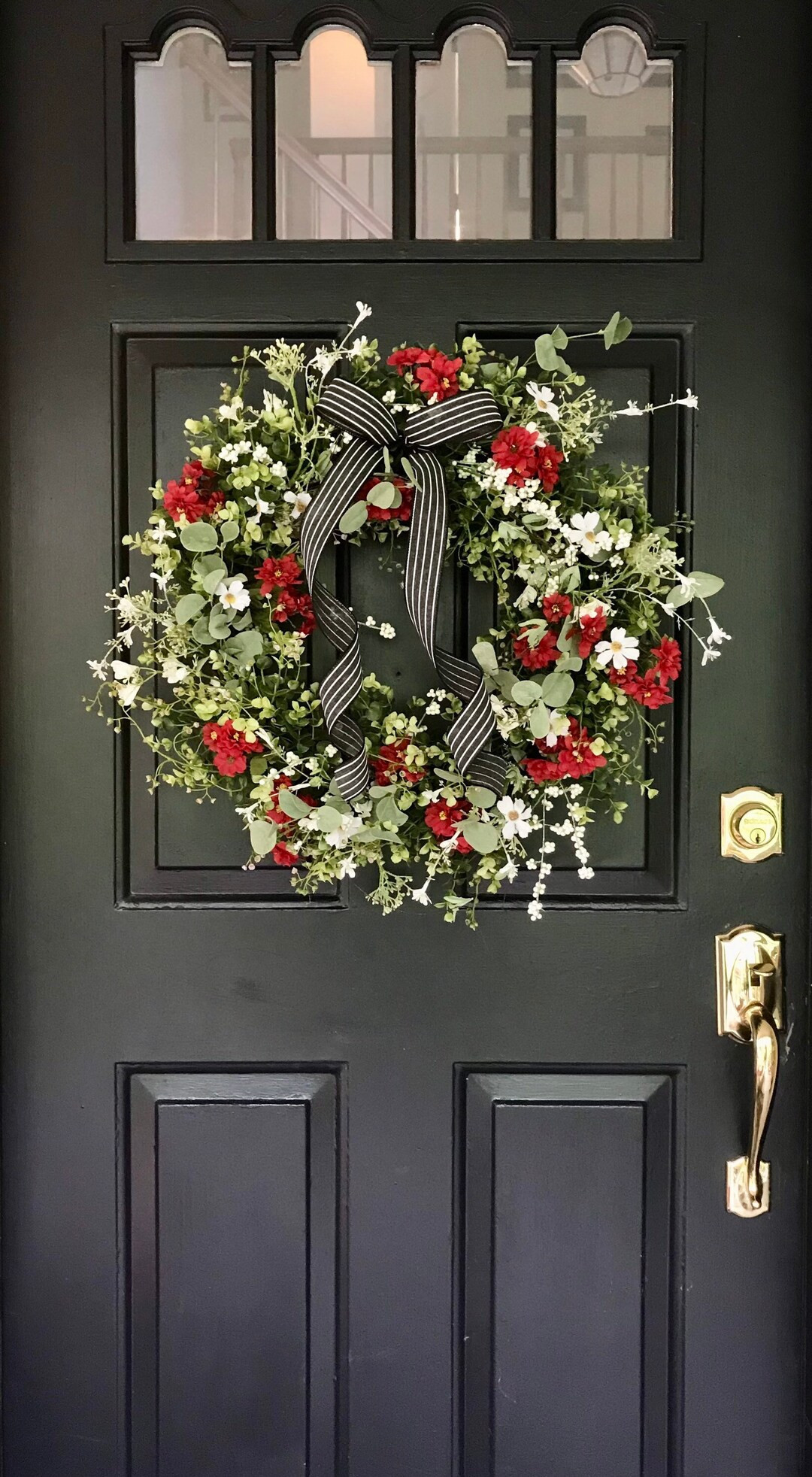 Summer wild flower wreath for front door; Summer farmhouse wreath; red and white wreath; daisy an... | Etsy (US)