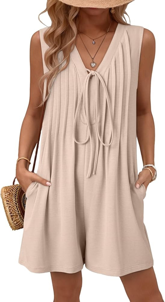 AlvaQ Womens Rompers Summer Loose Sleeveless Pleated Tie Front V Neck Shorts Jumpsuits with Pocke... | Amazon (US)