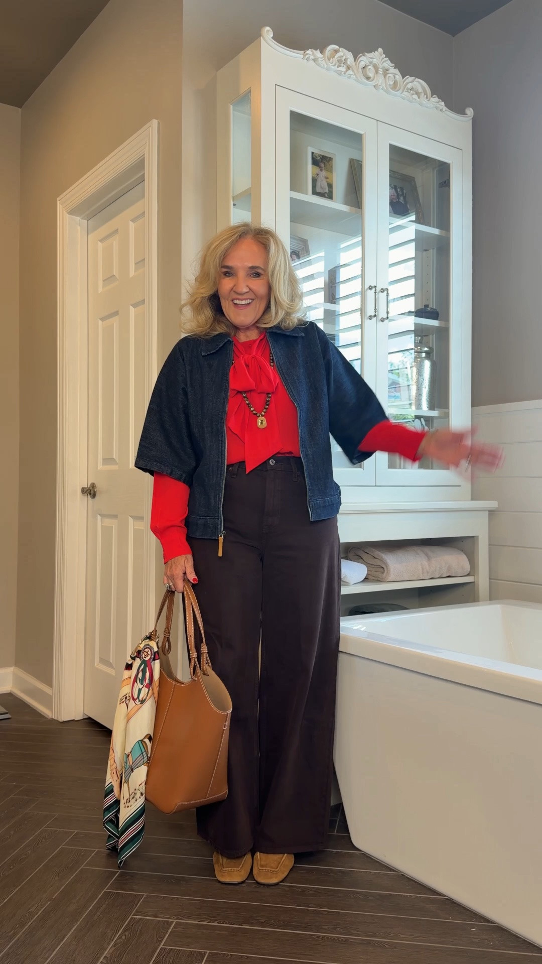 Denim jacket medium 
Blouse med petite 
I’m going to Link some different brown jeans as these are pretty much sold out. If you can find brown jeans in stock, I would suggest getting them today. It’s a hot trend for fall.

#LTKSaleAlert #LTKOver40 #LTKootd