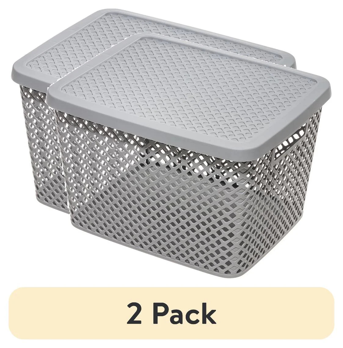 (2 pack) Mainstays Extra Large Decorative Plastic Storage Basket w/Lid, Gray - Walmart.com | Walmart (US)