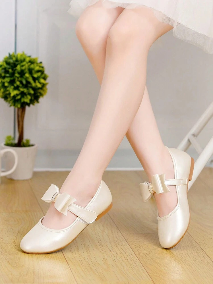 Children Elegant Champagne Color Bow Decor Flat Shoes To Match Indoor Party Dress | SHEIN