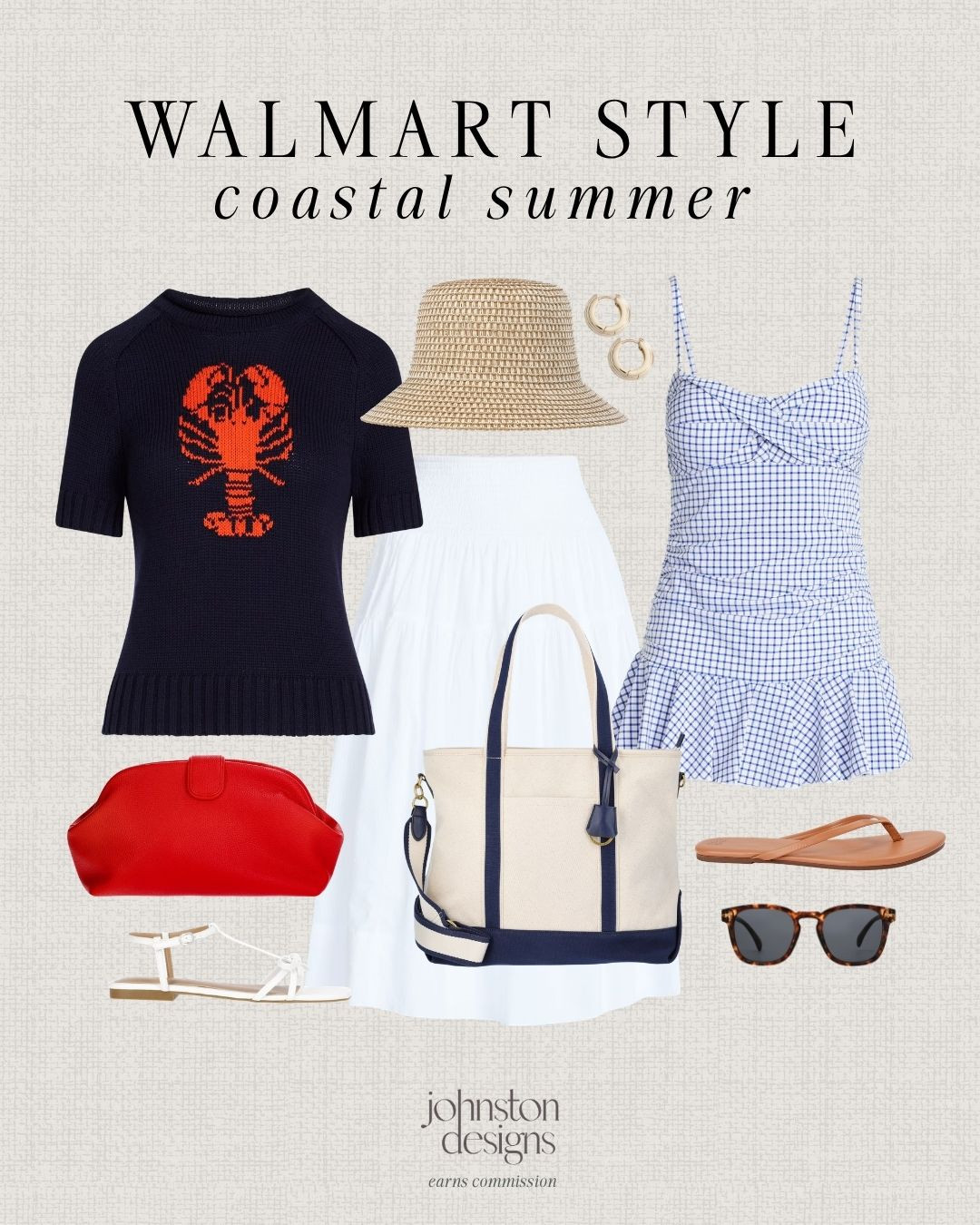 Coastal summer style with a classic red, white and navy moment. These Walmart finds give that effortless New England-inspired look for less, from the lobster sweater to the gingham dress and easy everyday accessories. Timeless, polished and perfect for beach days, vacations and summer dinners. 🦞

Coastal summer outfit, walmart fashion finds, red white and blue outfit, lobster sweater outfit, gingham dress outfit, summer outfit ideas, affordable summer style, preppy coastal style, beach vacation outfits, classic summer wardrobe, neutral summer accessories, straw hat outfit, tote bag summer look, walmart outfit inspo, designer look for less. 

 #LTKootd #LTKSeasonal #LTKSwim