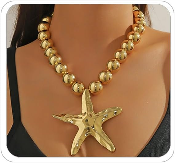 Gold Starfish Necklaces for Women Bohemian Mermaid Necklaces Summer Ocean Seashell Charm Necklace... | Amazon (US)