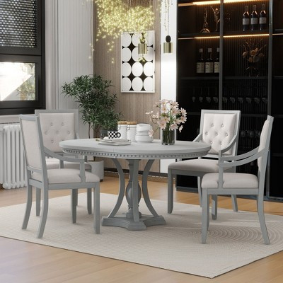 Farmhouse Round Dining Set for 4, Wood Kitchen Extendable Dining Table Set with 4 Upholstered Chairs, Antique Gray | Target