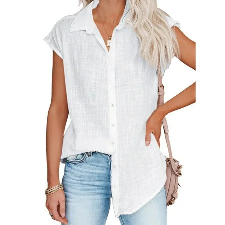 Women Button Up Shirt Short Sleeve Pure Bright Color Loose Casual Women Short Sleeve Blouse for Outing Office Party White M | Walmart (US)