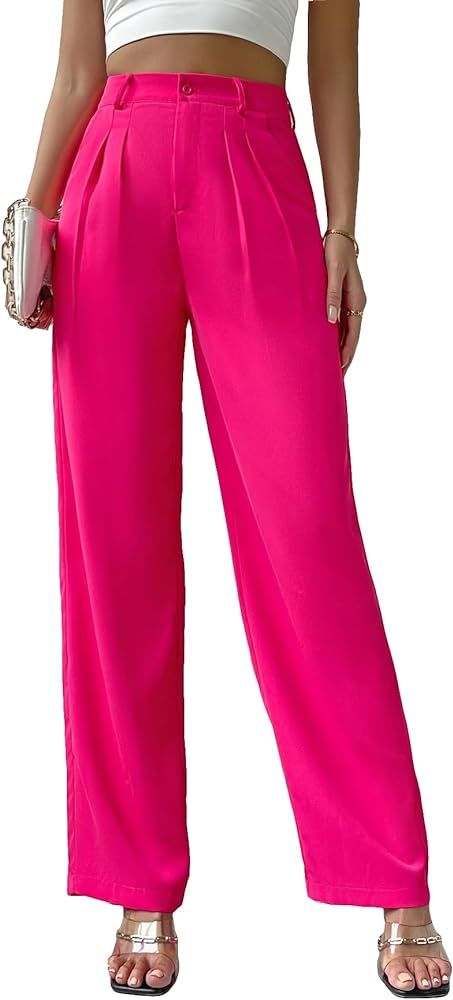 SweatyRocks Women's Casual High Waisted Wide Leg Pants Solid Pleated Loose Trouser Long Pants | Amazon (US)