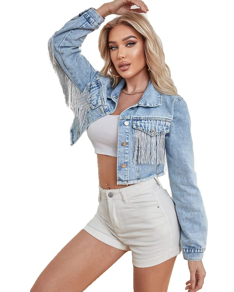 Women’s Crop Denim Jacket Tassel Casual Jean Coat With Fringe | Amazon (US)