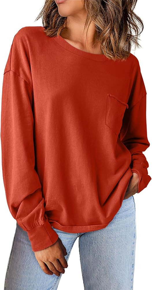 EVALESS Womens Casual Fall Tops 2024 Crewneck Long Sleeve Shirts Dropped Shoulder Loose Fit Basic... | Amazon (US)