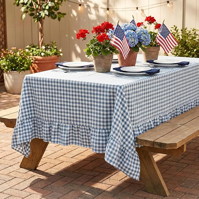 SquarePie Dust Blue Gingham Ruffled Tablecloth, 60 x 120 Inch 100% Washed Cotton Checkered Table ... | Amazon (US)