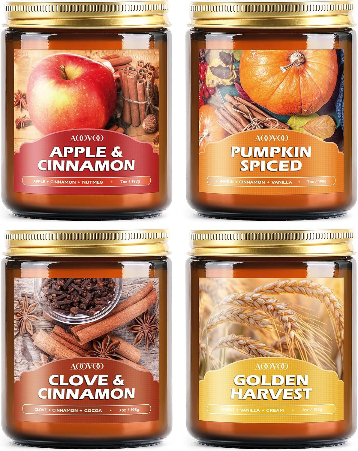 AOOVOO Fall Candles Set - 4 Pack Candles for Home Scented, 28 oz Natural Soy Wax 200 Hour Long Lasting, Autumn Gifts Set for Women Men Fall Fragrance of Pumpkin/Apple Cinnamon/Clove/Wheat Vanilla | Amazon (US)