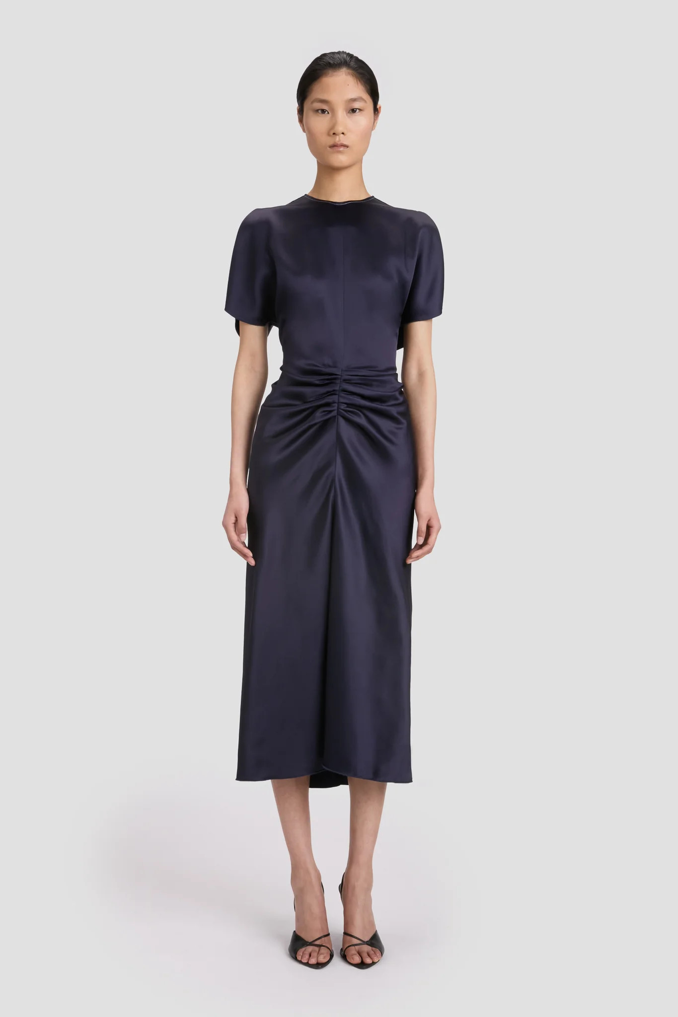 Gathered Waist Midi Dress In Midnight | Victoria Beckham US