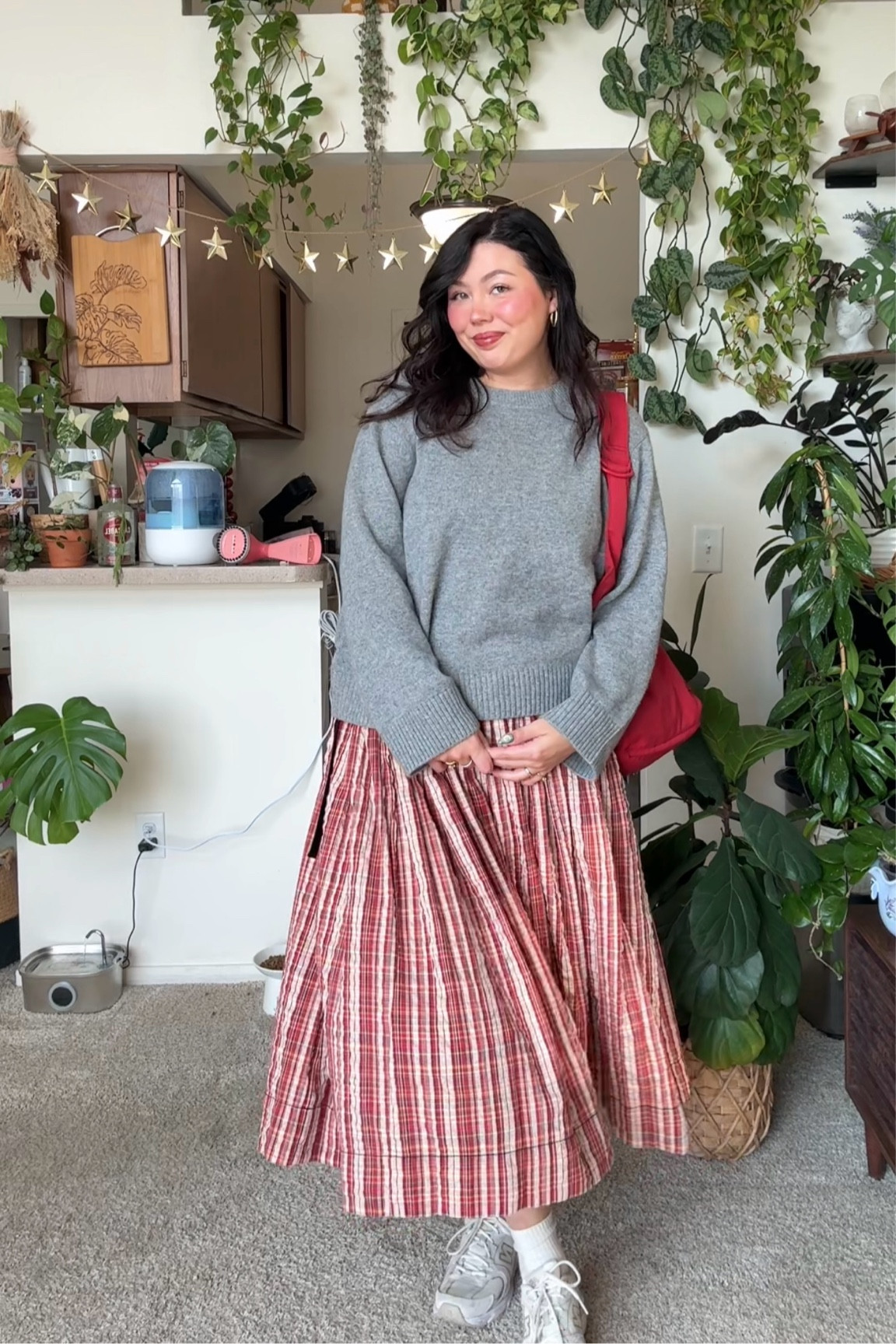 Size XL sweater, dress is free people, bag is Uniqlo 