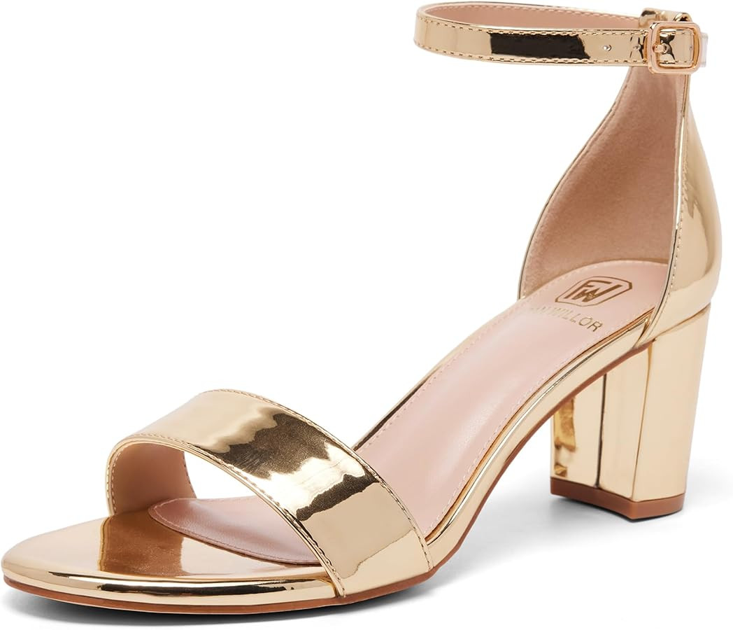 FW FRAN WILLOR Women Open Toe Low Chunky Short Heels Ankle Strap Block Heel Sandals Party Dress Wedding Pump Shoes | Amazon (US)