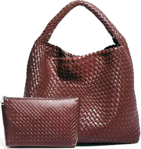 2026 Woven Tote Bag for Women, Extra Large Capacity Soft Leather Handbags with Clutch, Woven Purse for Women Top-handle Shoulder Bag Hobo Tote Bag (Coffee) | Amazon (US)