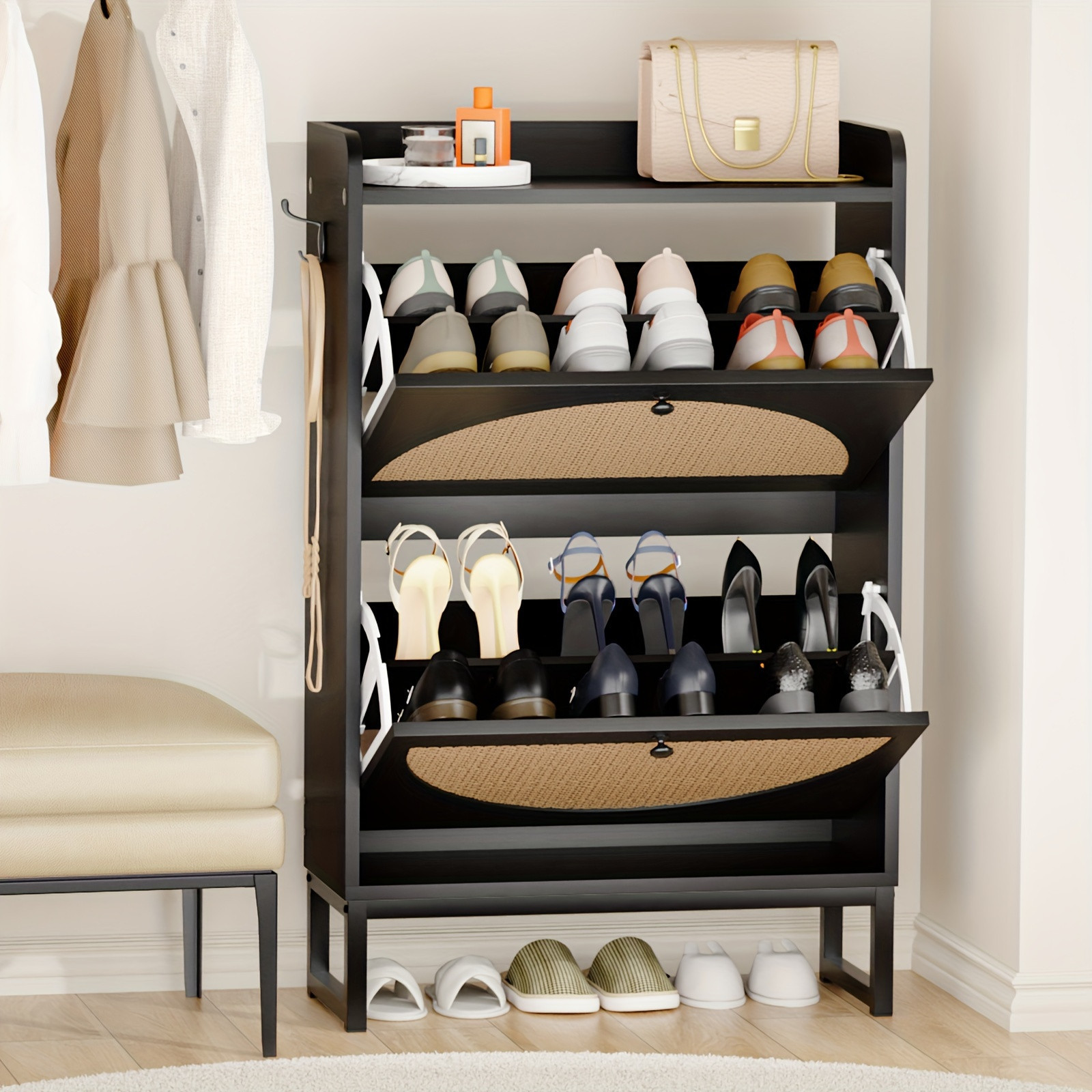 TEMU Shoe Cabinet With 2 Flip Drawers, Handmade Natural Rattan Shoe Cabinet Storage For Entryway, Freestanding Slim Shoes Organizer, Narrow Shoe Rack Cabinet For Hallway (2-drawers, Black) | Temu Affiliate Program