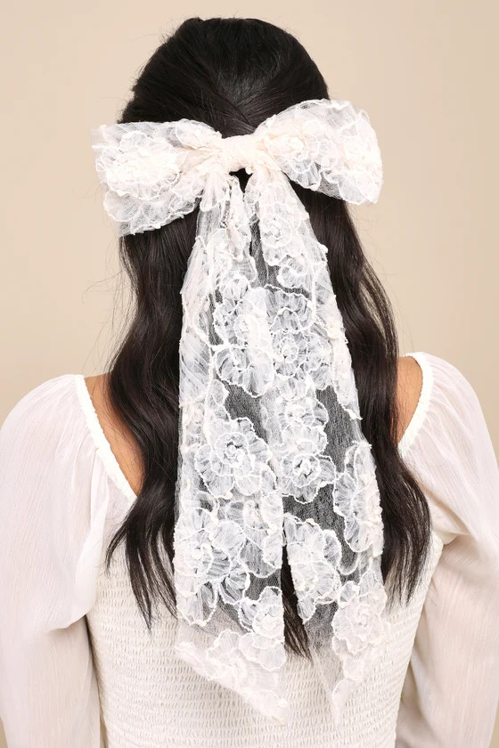 Adorable Bliss Ivory Sheer Floral Lace Hair Bow Barrette | Lulus