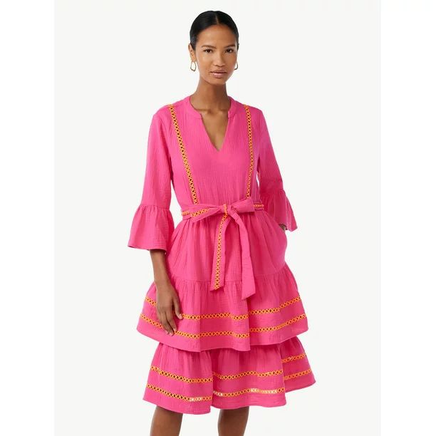 Scoop Women's 3/4 Sleeve Lace Detail Tiered Mini Dress | Walmart (US)