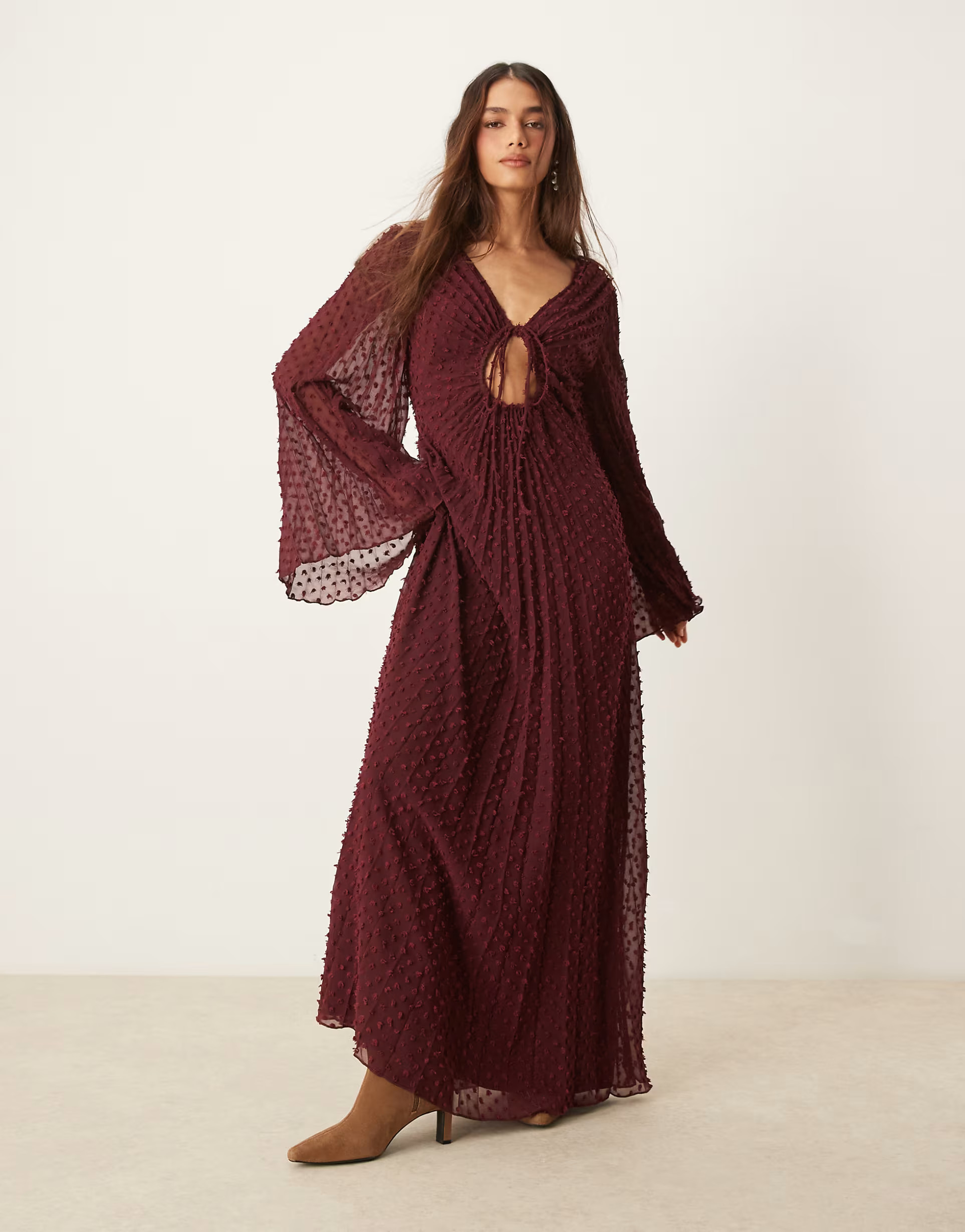 ASOS DESIGN textured pleated midi dress with tie front in burgundy | ASOS (Global)