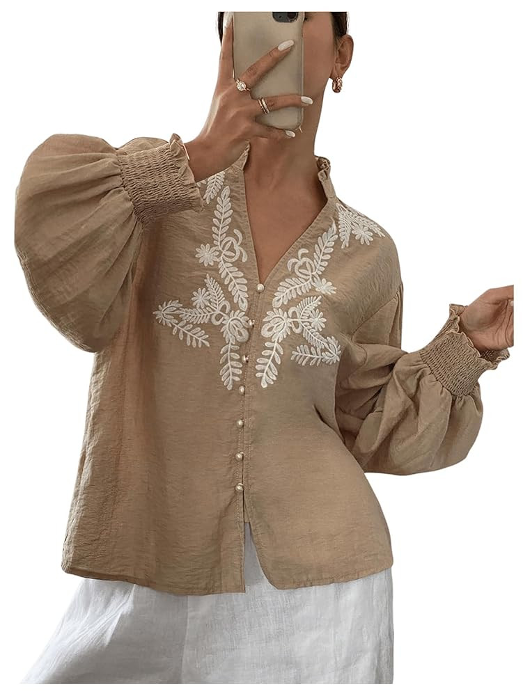 SHENHE Women's Embroidered Linen Shirts Button Up Bishop Sleeve V Neck Boho Blouse | Amazon (US)
