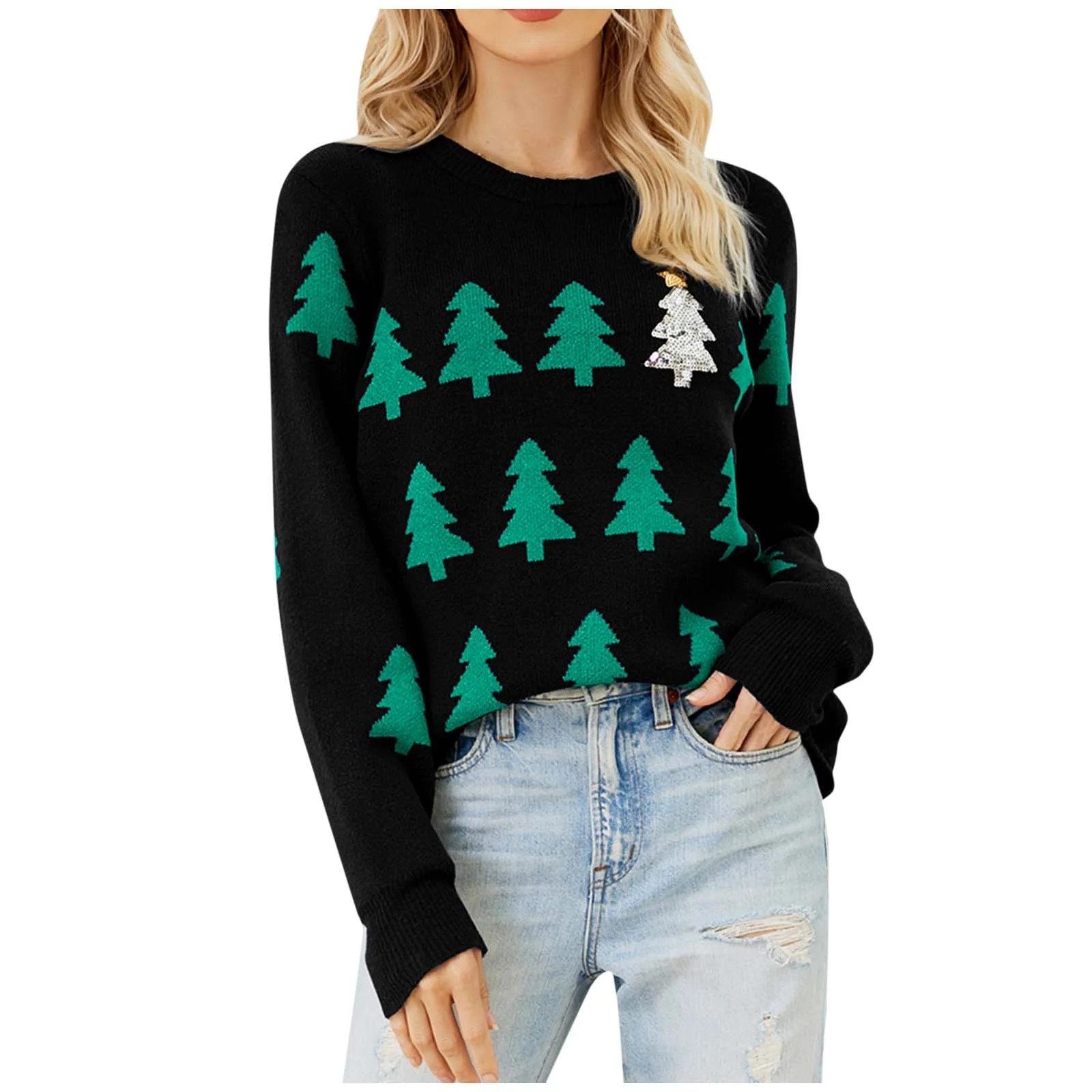 Christmas Sweater for Women Christmas Tree Graphic Long Sleeve Crewneck Knitted Tops Pullover Swe... | Walmart (US)