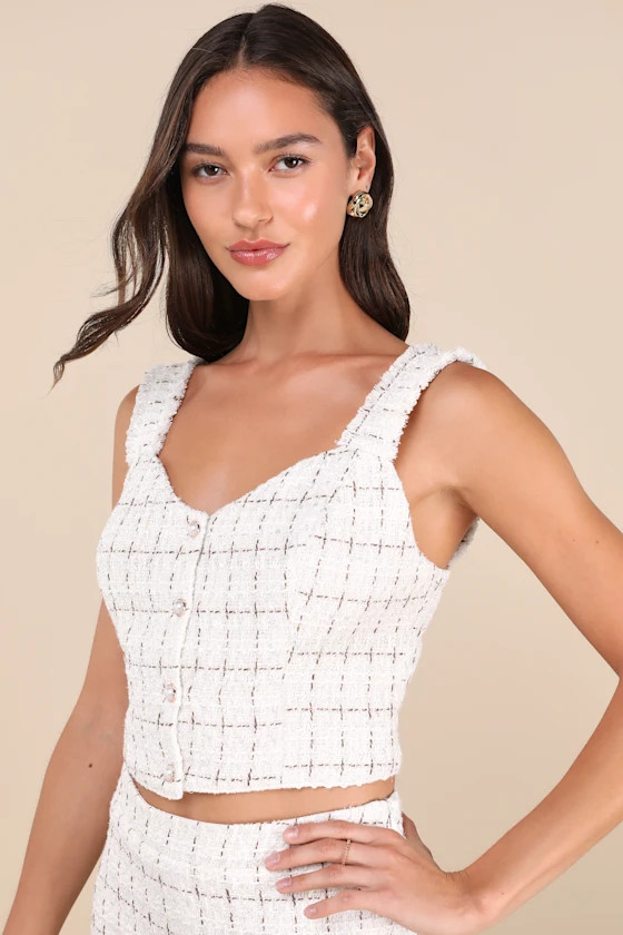 Upscale Instinct Ivory and Brown Tweed Button-Front Tank Top | Lulus