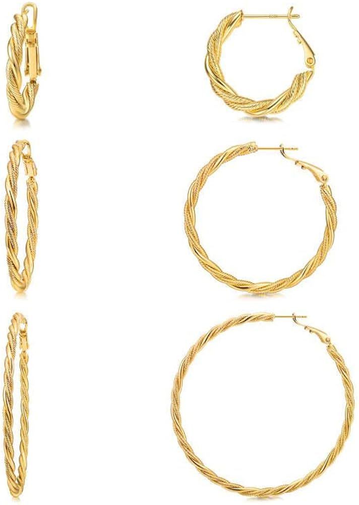 Large Gold Hoops Earrings for Women - 14K Gold Thin Twisted Hoop Earrings with 925 Sterling Silve... | Amazon (US)