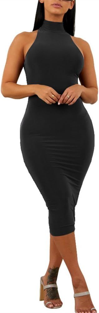 Amazon.com: GOBLES Women's Sexy Halter High Neck Elegant Sleeveless Bodycon Midi Club Dress Black... | Amazon (US)