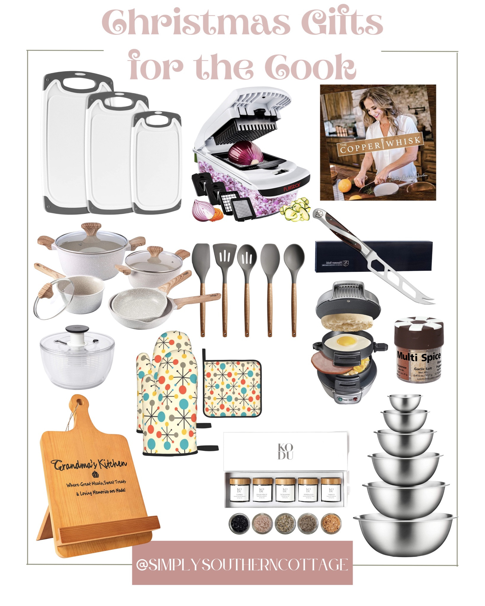 christmas gift guide for the cook / kitchen essentials / cook book / cook book stand / pots and pans / cutting boards / oven mits / knife / veggie chopper / cooking utensils/ mixing bowls / spices 

#LTKHoliday #LTKhome #LTKGiftGuide