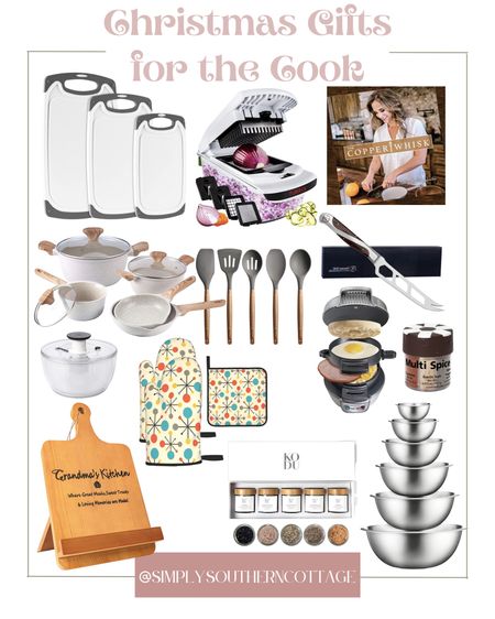christmas gift guide for the cook / kitchen essentials / cook book / cook book stand / pots and pans / cutting boards / oven mits / knife / veggie chopper / cooking utensils/ mixing bowls / spices 

#LTKHoliday #LTKhome #LTKGiftGuide