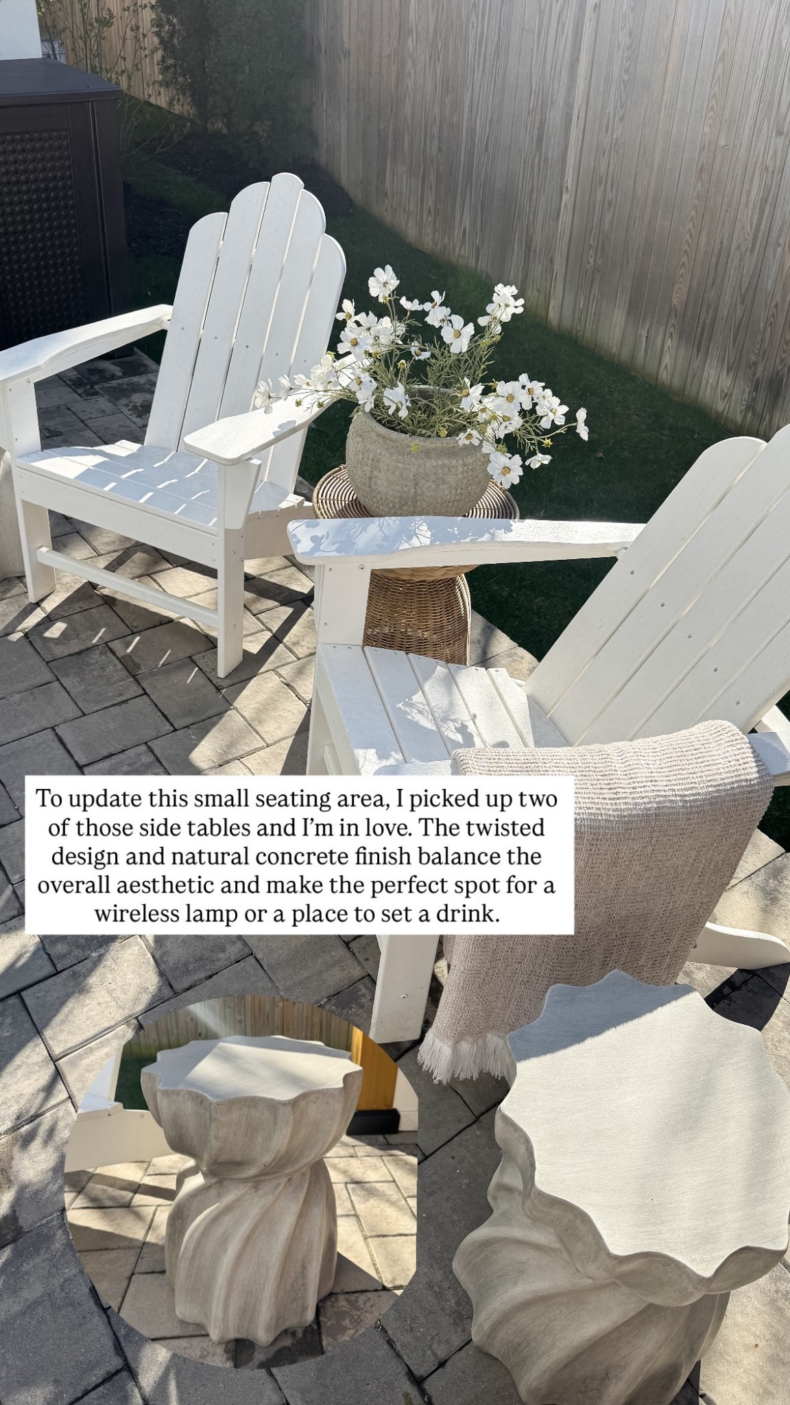 #ad To update this small seating area, I picked up two of those side tables and I’m in love. The twisted design and natural concrete finish balance the overall aesthetic and make the perfect spot for a wireless lamp or a place to set a drink. Wayfair’s selection of outdoor seating, side tables, and decor makes it easy to create a space that feels both functional and thoughtfully styled.

@wayfair #wishyouwerehere #outdoor #Wayfair #WayfairPartner

#LTKHome #LTKSeasonal #LTKSaleAlert