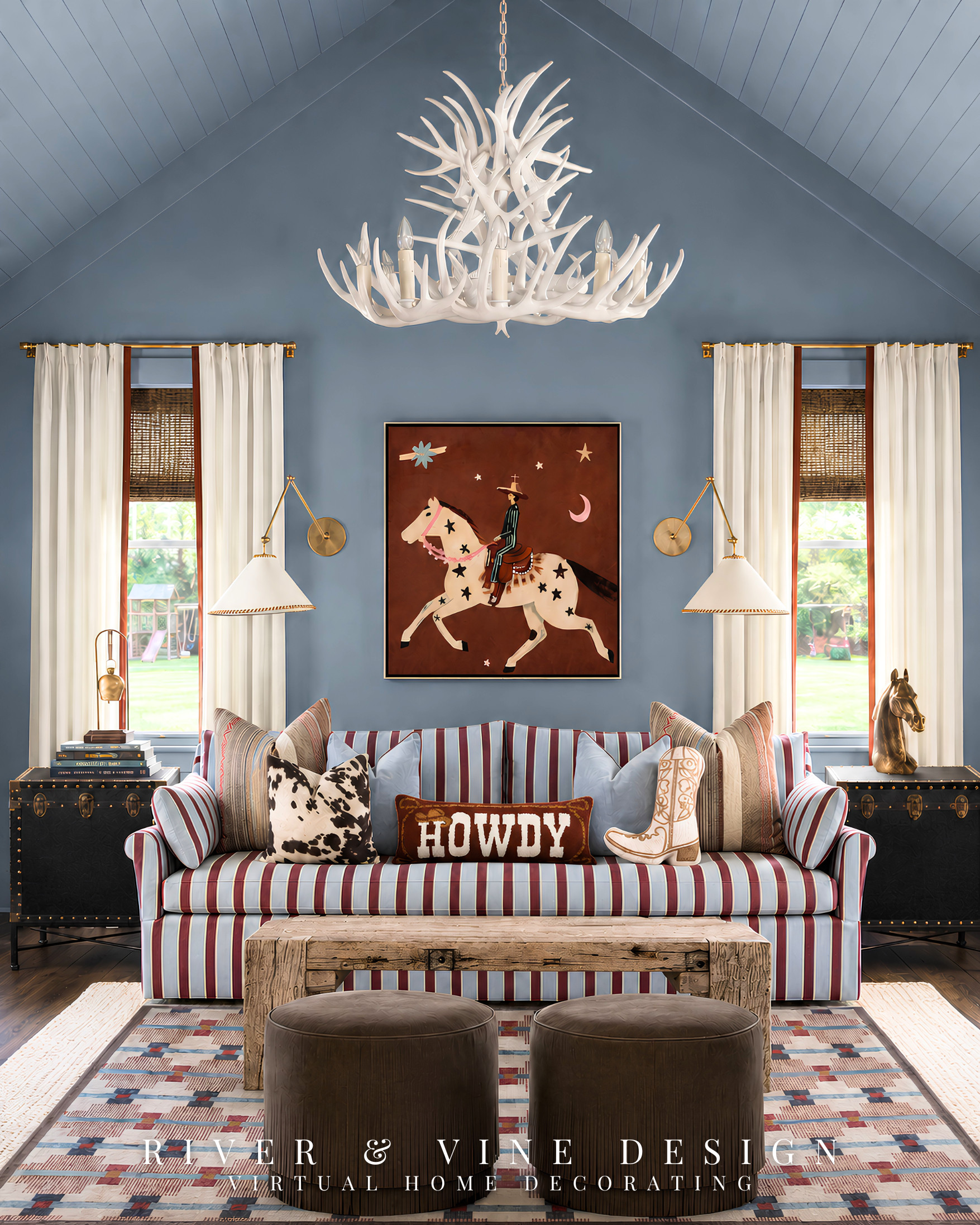 If mixing stripes, cow print, Western art, and gingham sounds like a design rodeo, the trick is giving every pattern the same color story. 🤠

This Western-inspired family room works because dusty blue, rust, cream, and brown keep repeating while the pattern scales change. The striped sofa gets to be the loudest layer, while the smaller prints and graphic rug support it instead of competing. It’s a simple formula for creating a bold, collected room without second-guessing every purchase.

See the full product edit—then tell me which piece wins: the striped sofa or the antler chandelier?

Western family room decor, blue and rust living room, striped sofa styling, cowboy home decor, equestrian wall art, Western throw pillows, layered living room rugs, collected traditional decor

I may receive a commission from purchases made through my links. 

 #LTKHome