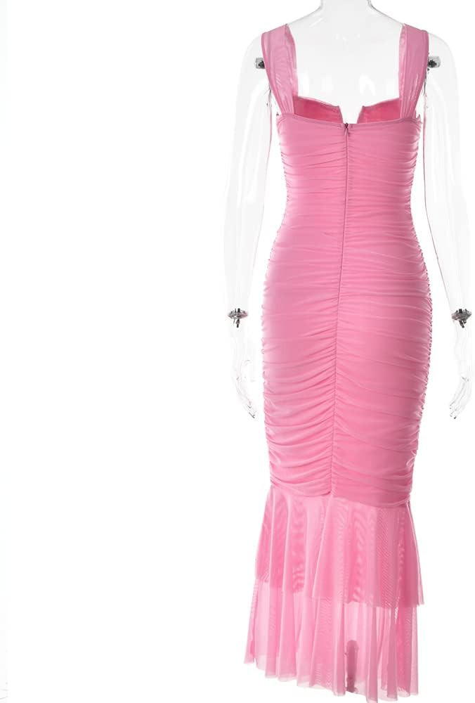 Women Sexy Ruched Bodycon Maxi Dress Widen Strap Square Neck Zip Up Back Fishtail Mermaid Dress Club | Amazon (US)