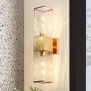 Mid-Century Modern Bathroom Vanity Light 2-Light Antique Gold Wall Light with Cracked-Feeling Glass Shades | The Home Depot