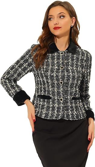 Allegra K Women's Winter Fall Tweed Cropped Suit Blazer Vintage Work Office Short Tweed Jacket Co... | Amazon (US)