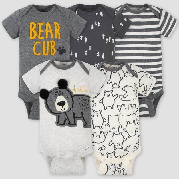 Gerber Baby Boys' 5pk Bear Short Sleeve Onesies - Gray/White | Target