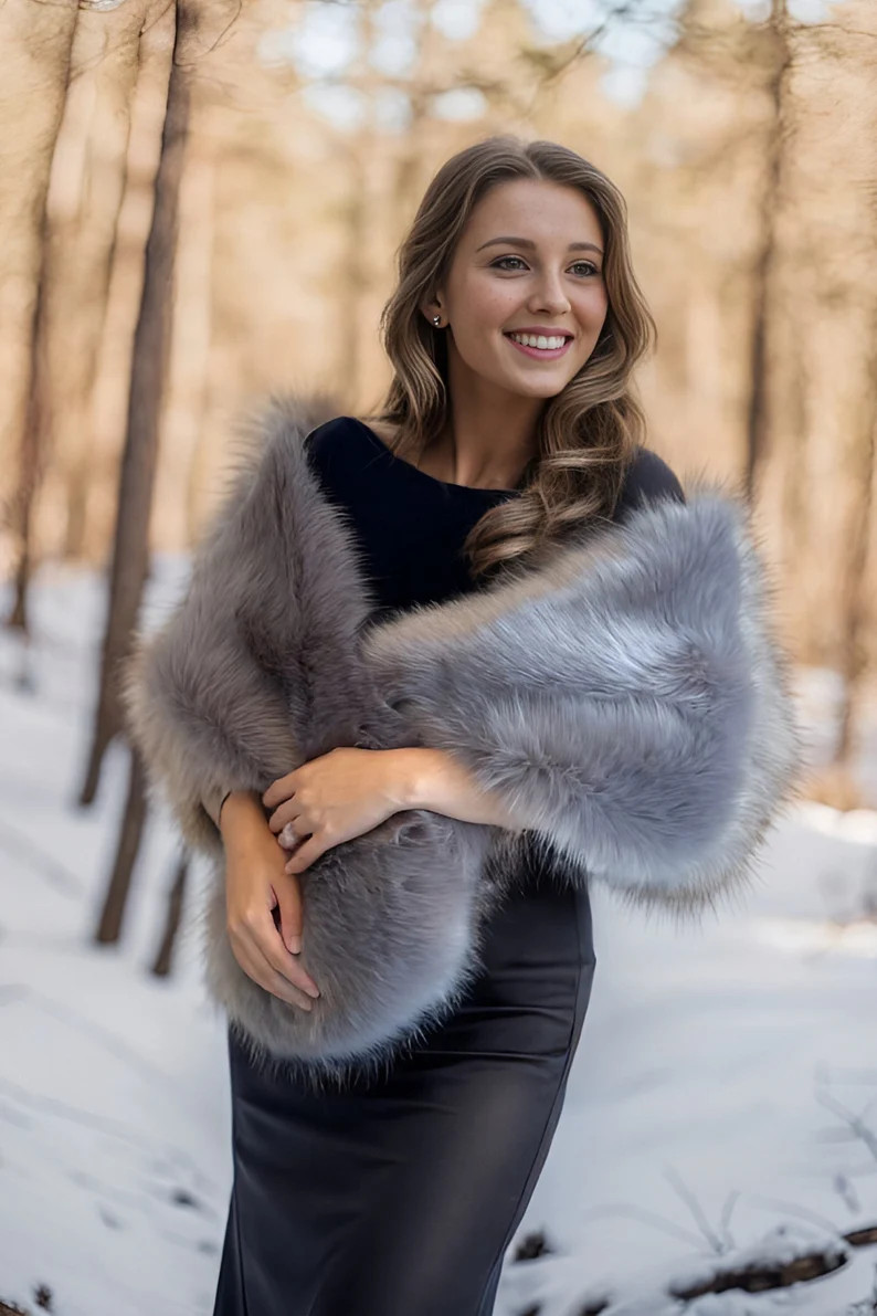 Grey Fur Shawl, Grey Fur Bridal Wrap, Wedding Fur Shrug, Faux Fur Wrap, Winter Wedding, Bridal Fa... | Etsy (US)